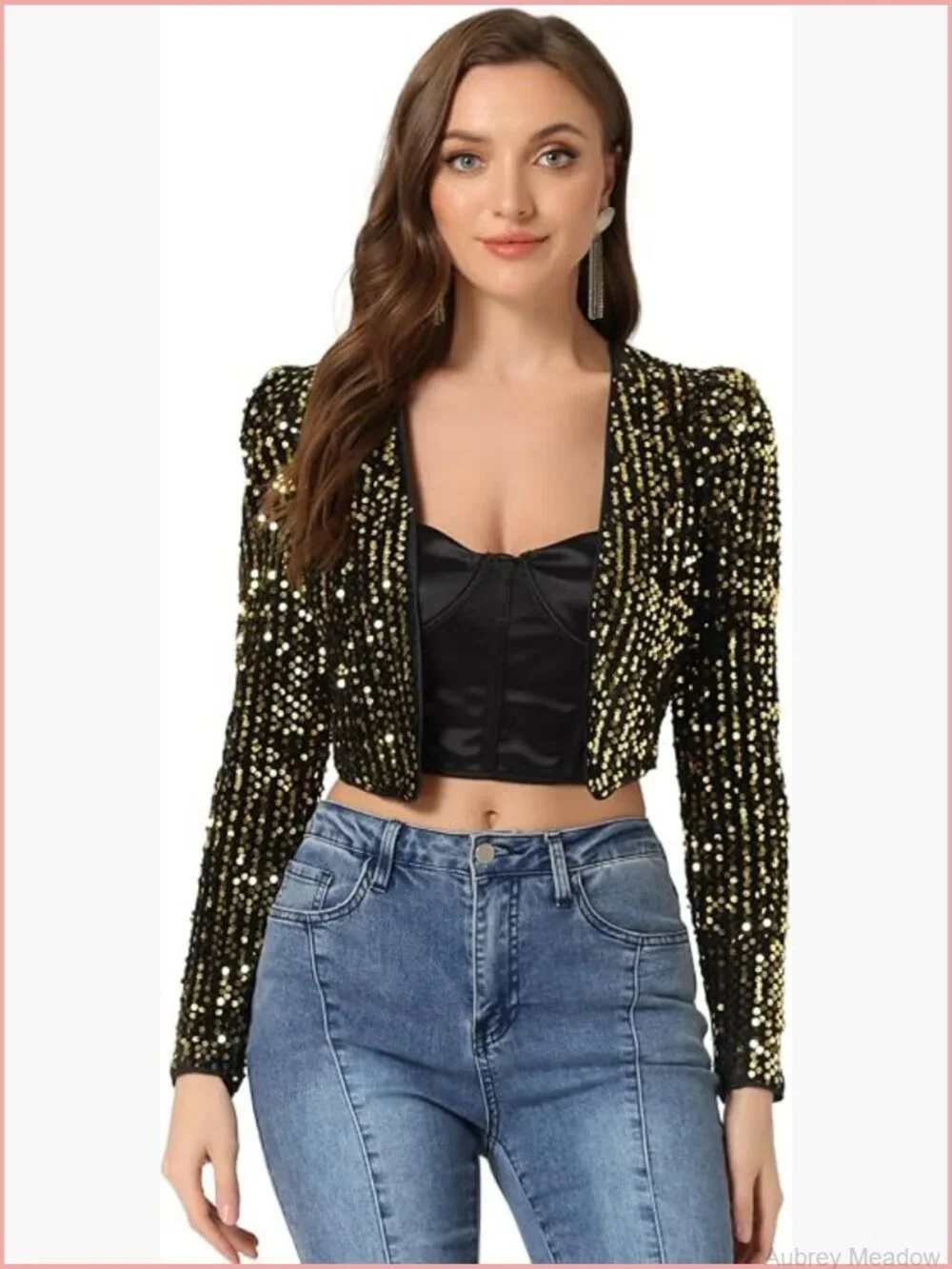 Sequin Shrug Open Front Collarless Crop Blazer Jacket